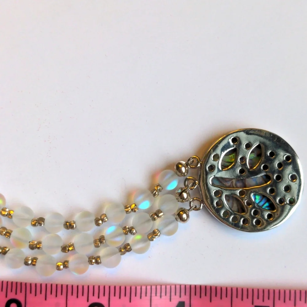 Abalone & Iridescent Mermaid  Quartz Beaded Bracelet. 3 Strand. Silverplate, New